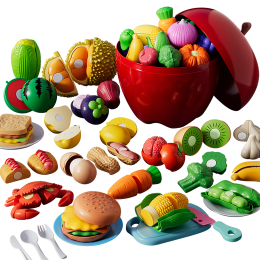 Wanli [17.000 Stücke in 30 Tagen] Kinderfrüchte und zähes Obst und Gemüsespielzeug können von Schmutz gebissen werden. Obst- und Gemüse -Burger sind 38 Stücke gesetzt [können geschält und in Scheiben geschnitten werden]