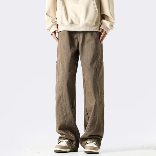 Homlean American jeans men's autumn niche fashion brand street loose casual workwear long pants LB03 coffee color XL