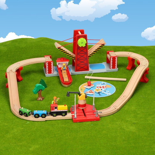 Leku wooden building blocks train track set magnetic locomotive 3-5-7 years old boy building blocks children's toys Small tracks in mining area construction site Official standard