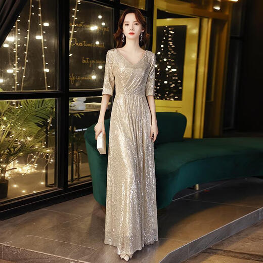 Yimimei champagne color Xi mother-in-law spring and summer style mother-in-law mid-length skirt can usually be worn at weddings and high-end mother-in-law dresses. Champagne gold long skirt length 138 SS (recommended 90-100 Jin Jin is equal to 0.5 kg) one size fits all