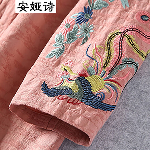 安娅诗风衣外套女中长款宽松刺绣立领开衫女新款中国风复古文艺棉麻上衣 紫色*棉麻外套 均码 *中长款风衣