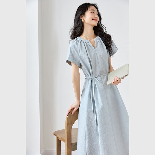 
Vanciman light blue French V-neck dress for women 2025 summer new waist-hugging lace-up slim casual long skirt M9733 light blue S