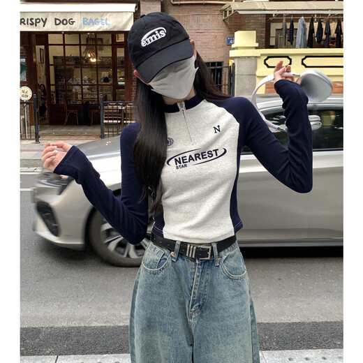 TonLion 2025 Women's Stand Collar Zipper Sleeve Splicing Long Sleeve T-Shirt Navy L