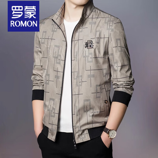 ROMON Jacket Men's 2025 Spring and Autumn Thin Solid Color High-End Men's Slim Stand Collar Fashion Plaid Casual Trendy Jacket 2223 Gray 2XL 180cm Recommended 135-150Jin Jin is equal to 0.5 kg