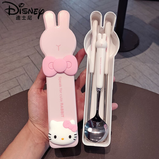 Disney Cartoon niedliche Löffel-Stäbchen-Set 304 Edelstahl tragbares Geschirr für Kinder und Schüler für eine Person, dreiteiliges Set von Little White Rabbit-Tablow (mit dreidimensionalem Aufkleber)