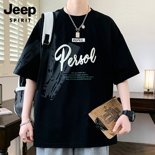 
JEEP SPIRIT Jeep Short Sleeve Men's Summer Trendy Brand Letter Print Round Neck Half Sleeve American Casual Men's Rotary Sleeve Loose T-shirt 693 White XL About 120-140Jin [Jin equals 0.5 kg] Can be worn