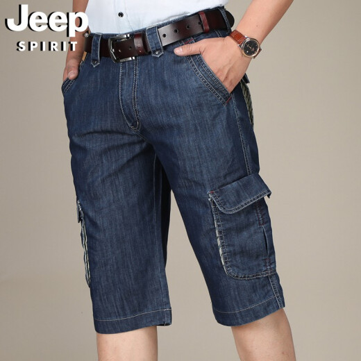 吉普（JEEP）牛仔短裤男多口袋工装裤直筒宽松时尚休闲薄款七分裤753 深蓝色 34