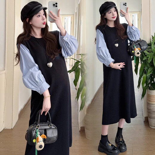 Geman Maternity Dress Spring and Autumn 2025 New Fashion Fake Two-Piece Loose Shirt Spliced Long Skirt Autumn Maternity Skirt Picture Color Dress + Skin Color Tights XL