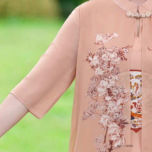 Pierre CARDIN (PIERRE CARDIN) Fat mother summer cheongsam dress summer chiffon skirt large size 2025 new middle-aged women's summer style 6628 pink lotus root powder XL recommended 115 Jin [Jin equals 0.5 kg]
