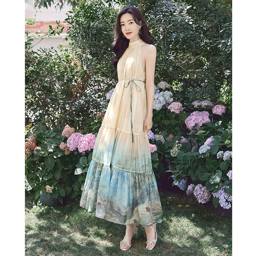Silk Cypress House [mismo modelo en celebridades] Falda de cabestro de línea A 2025 Summer nuevo Vestido impreso de manchas para mujeres