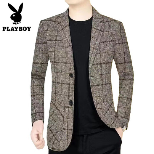 Playboy (PLAYBOY) suit jacket men's new autumn and winter business casual autumn and winter style middle-aged men's plaid suit Korean version trendy khaki plus velvet thickened XL recommended 115-130 Jin Jin equals 0.5 kg