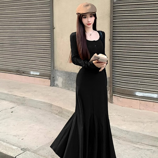 妙奕嘉法式连衣裙女裙子女士春秋季2025年新款纯欲夏季高级感长裙小个子 纯黑半系扣鱼尾修身连衣裙 S