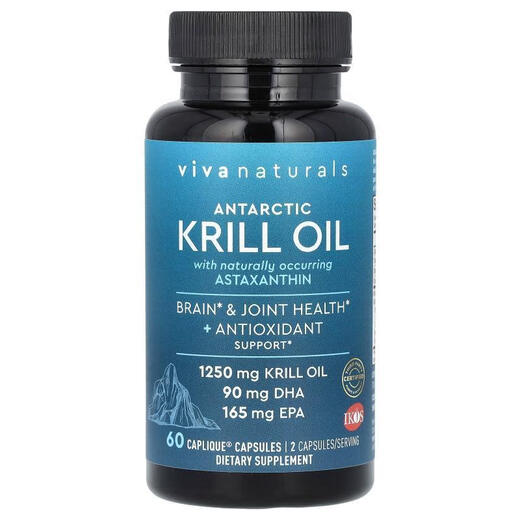 Viva Naturals Antarctic Nutrition Krill Huile contient Astaxanthin 60 Capsules Amélioration Capsules Caplique Care pour les personnes âgées cardiovasculaires 13549