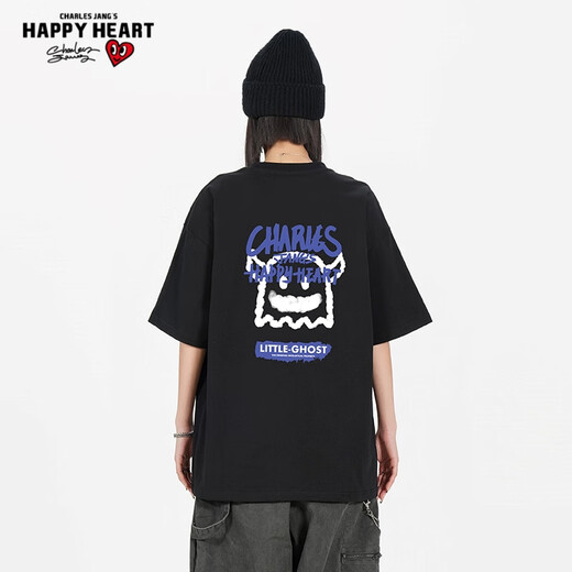 T-shirts Charles Peach Heart pour hommes et femmes, petit monstre imprimé en coton pur couple de base de base de base courte, noir m