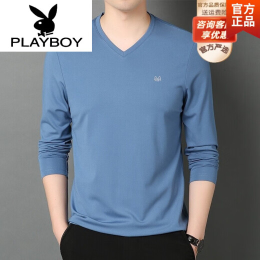 花花公子（PLAYBOY）品牌高端男装 2021春秋季V领桑蚕丝长袖T恤男莫代尔鸡心领打底衫 BB1506黑色 XL 180/115