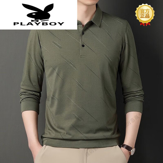 Playboy (PLAYBOY) middle-aged and elderly men's long-sleeved Polo shirt top 2024 spring and autumn striped print business casual men 826-Naru Qing XL 115 suggestions 130-145Jin [Jin equals 0.5 kg]