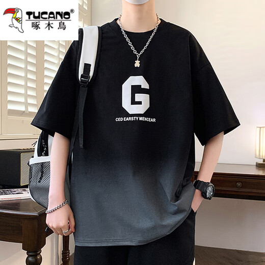 Holzspecker schwerer Gradienten Kurzarm T-Shirt Herren Sommertrendmarke 2025 Neues halbe Ärmel Loose Teen Top 3523 Rot [Single Top] 3xl