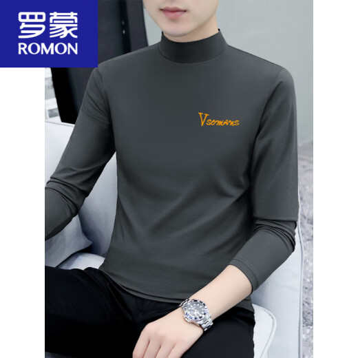 罗蒙（ROMON）纯棉半高领打底衫男士长袖T恤纯色中领春秋男装内衣t恤外穿秋衣 LH-YPC6187炭灰色 M 【建议100-115斤】