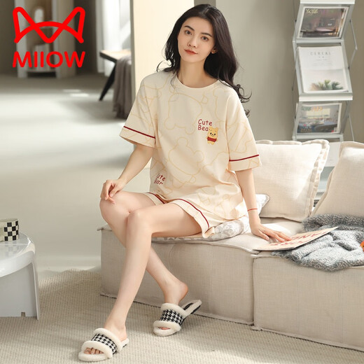 猫人（MiiOW）睡衣女款夏季纯棉短袖短裤甜美薄款全棉休闲学生家居服套装 YZ9892 100纯棉 9851 M 【 建议80-100斤穿】
