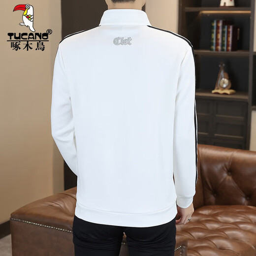Woodpecker (Tucano) Trendy Slim-Fit-Standkragen Halbpull-Gesicht Sweatshirt für Männer Herbst Kleidung Mode High-End Trendy Brand Sticked Longe-Lese-T-Shirt für Männer ad/9898-White 3XL