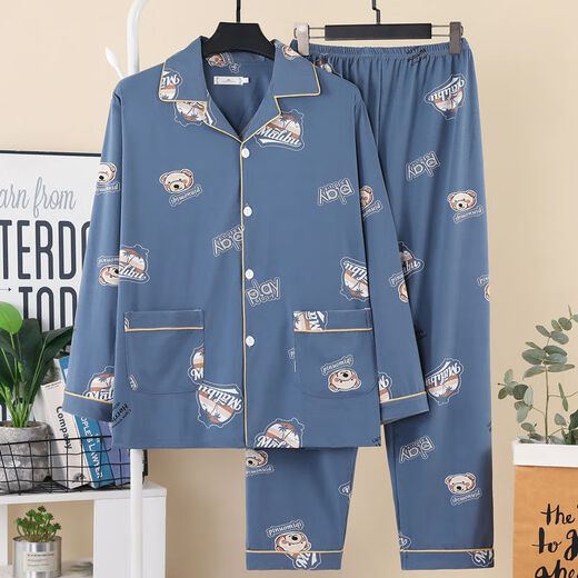 Catren Pure Cotton Viersaison Viersaison Herren-Langarm-Pyjama-Hauskleidung langärmlige 826 Blue L für 95-130 Jin [Jin ist 0,5 kg]