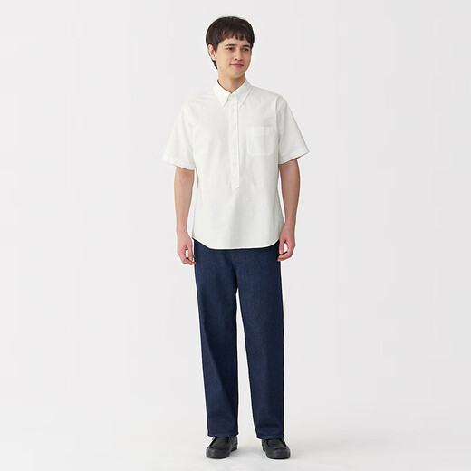 无印良品（MUJI）男式 棉水洗牛津纽扣领 套头短袖衬衫男士衬衣25年夏季 白色 M （170/92A）