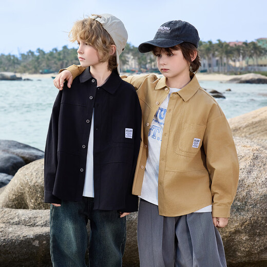 ASK JUNIOR children's shirt 2026 spring new style lapel long-sleeved boys' shirt jacket men's and older children's fashion tops black 110