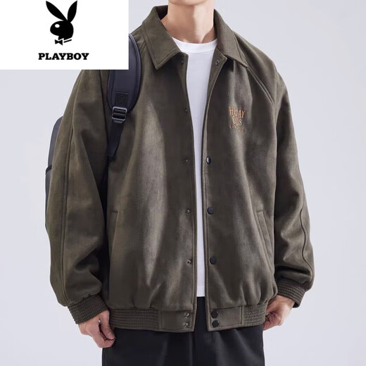 Playboy (PLAYBOY) American retro classic buckskin lapel baseball jacket men's loose trendy brand large size spring and autumn jacket for men gray green high quality fabric XL recommended 125-150Jin Jin equals 0.5 kg