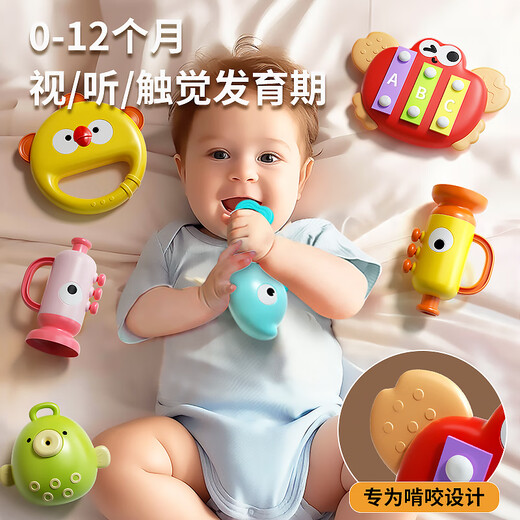 
Linguo German baby hand-pat drum children's drum toys baby beating small drum 1 year old 3 kindergarten percussion instrument double-sided hand-pat drum 5 piece set [green] 2 hammers/can be stored