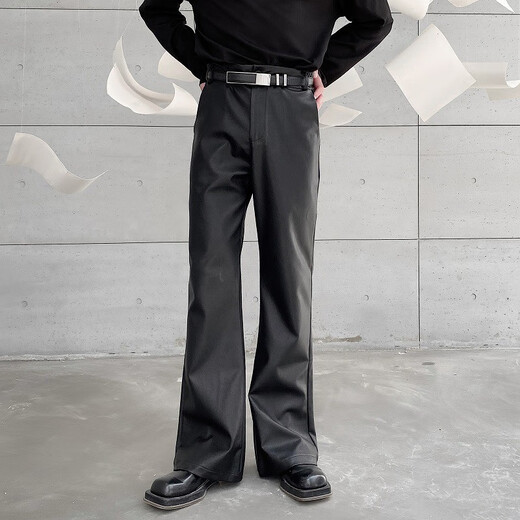 春秋潮流简约喇叭皮裤男式时髦百搭显腿长机车痞帅阔腿长裤发型师 黑色 均码 m
