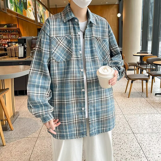 美式长袖衬衫男生春夏季宽松翻领格子衬衣复古潮流休闲百搭外套男 CRYZ687蓝色 M