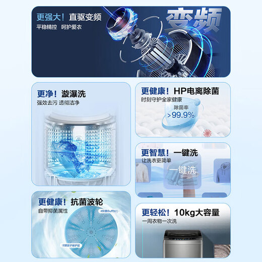 Haier pulsator washing machine 10kg fully automatic household large capacity direct drive motor frequency conversion level 1 ionization sterilization water and electricity saving shopping mall same model XQB100-BZ608