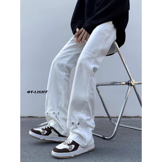 
POUM men's joint jeans men's 2025 new American high street loose casual straight-tight fashion brand handsome student pants WKXS-K691 white S
