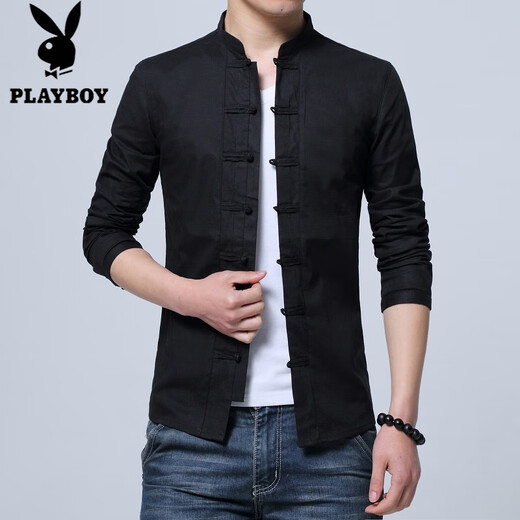 Playboy (PLAYBOY) Chinese style Tang suit men's linen shirt long sleeves slim-fitting collar button Zhongshan cotton linen spring and autumn shirt men 9195 white 4XL (185Jin [Jin equals about 0.5 kg])