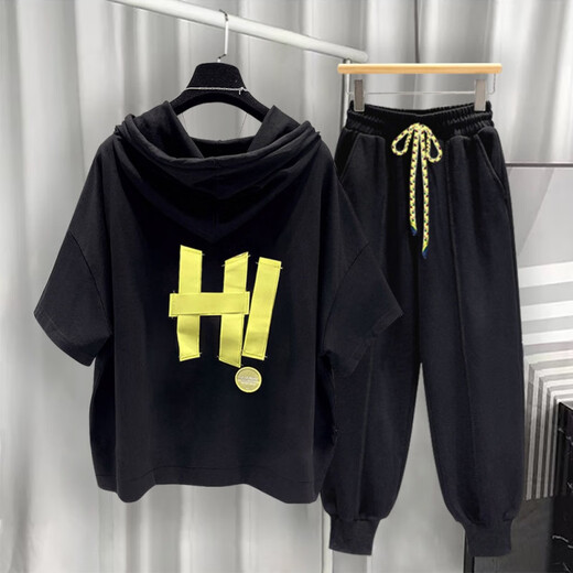 Xiapinli Hong Kong style hooded short-sleeved suit men's summer trendy printed T-shirt set White 9215 XL suitable (130-150Jin [Jin equals 0.5 kg])