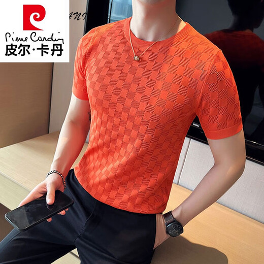 Pierre Cardin marca de alta gama Ice Seda Cool Cool Hollow Camiseta de manga corta Camiseta de manga corta White Slim Light Luxury Chess Camiseta a cuadros Plaid Gam-T9756 Camiseta de manga corta de cuello redondo W BLANCO L TISO RECOMENDADO 110-125 JIN [JIN EQUIVA 0.5 kg]