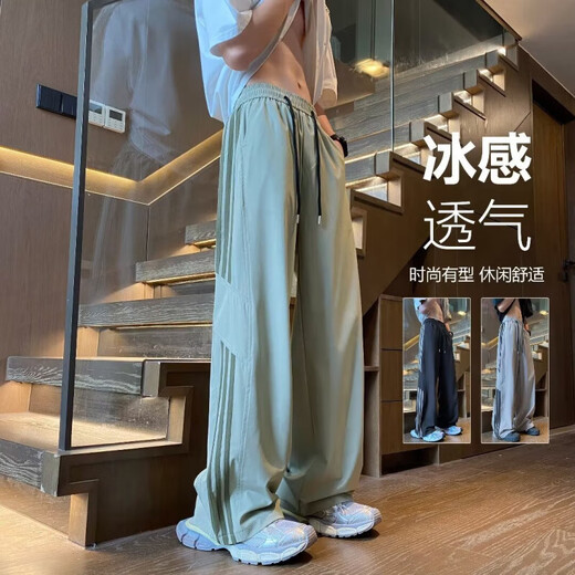 冰丝条纹裤子男夏季薄款潮流美式复古宽松三条杠直筒阔腿休闲裤 黑色X47 L