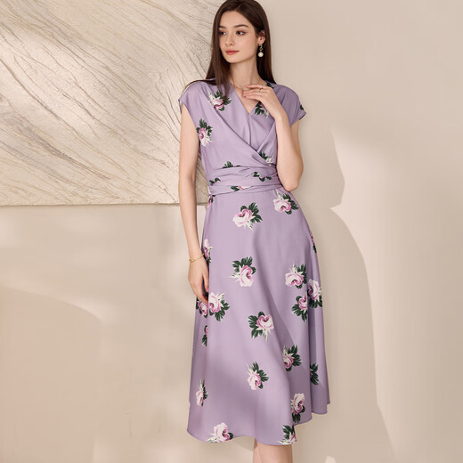 Roeyshouse loi stilvolle gedruckte Taillenkleid für Frauen 2025 Sommer neu eleganter V-Ausschnitt großer Saumrock 11981 Farbe S