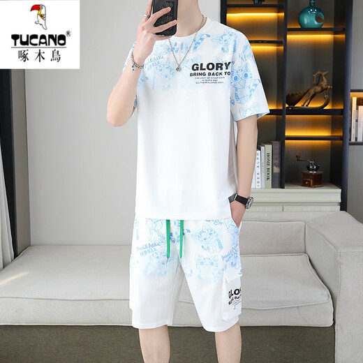 
Woodpecker 2025 summer new short-sleeved T-shirt suit for men teenagers versatile shorts casual running gradient color change men's clothing 6187 blue XL