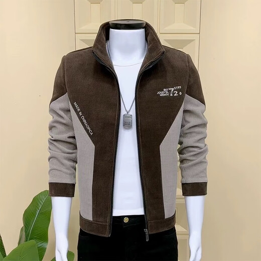 LAXSESU2025 Spring and Autumn New Men's Jacket Plus Velvet Autumn and Winter Slim Stand Collar Color Matching Casual Youth Jacket Apricot Style Regular XL 121-140Jin Jin is equal to 0.5 kg