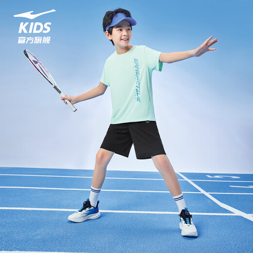 Hongxingerke (ERKE) children's clothing, boys' size, children's sports suit, children's summer five-point pants short-sleeved suit, light ice green 150
