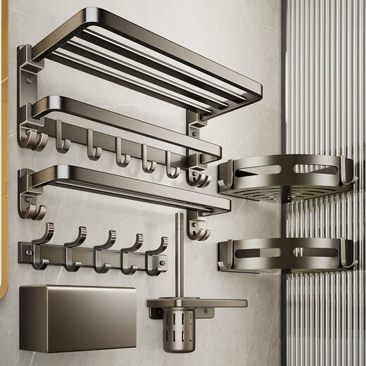 Qinkai Bathroom Towel Rack Bathroom No Punch Bathroom Towel Storage Rack Bathroom Toilet Wall-mounted Space Aluminum Storage Rack Thick Thickened 9 Hook Two-piece Set 9889 [Bath towel rack + wool Thickened Space Aluminum [gun ash]