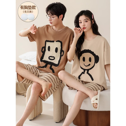 
AIFANGNIAO Couple Pajamas Summer Pure Cotton Short Sleeve Shorts Set with Chest Paddle Cute Cartoon Thin Casual Home Suit GEY687 Fox and Rabbit M Women's Style [80100Jin [Jin equals 0.5 kg]] (with Chest Pad)