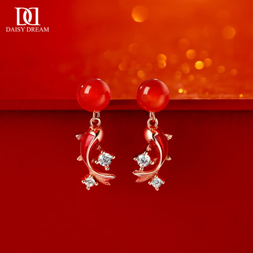 DAISY DREAM925 silver red agate koi earrings for women with pierced ears, zodiac year 2025 retro earrings, new year earrings, koi earrings S925 silver