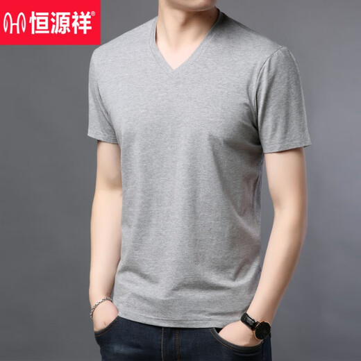 恒源祥男士短袖t恤纯色V领冰丝薄款中青年休闲棉体恤衫上衣夏季新款打底 9902驼色 L 175