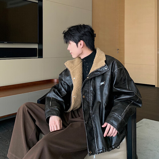 Maorong Xuanxuan hlds fashion show leather jacket men's winter velvet thickened fur body jacket men's black XL