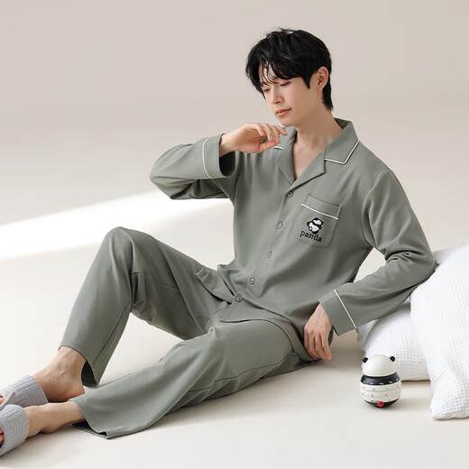 Ehepaar purer Baumwollpyjama für Frauen mit Herbst und Winter mit Brustpolster Panda Long Sleeves Neue Neujahrswaren große Größe für Outdoor-Verschleiß 16803 Herren-Graugrün [Herbst und Winter verdickt] XL 120-140jin [Jin gleich 0,5 kg]