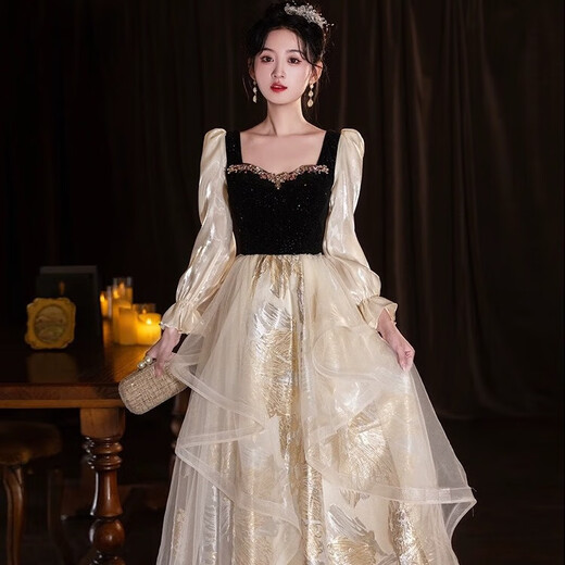 Li Baixin French Annual Party Evening Dress for Women 2025 New High-end Temperament Long-sleeved Princess Vocal Art Exam Dress Black 3XL Recommended 130-135 Jin Jin equals 0.5 kg