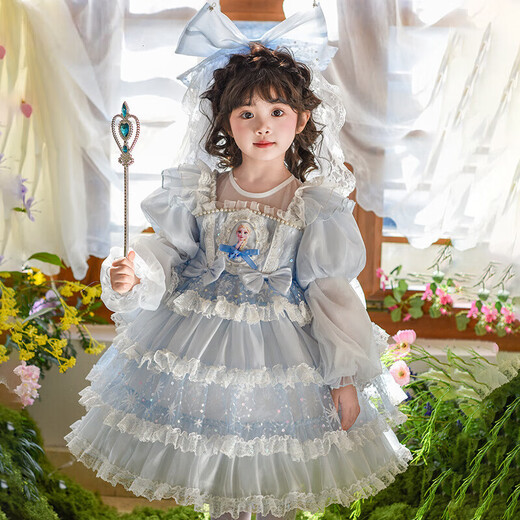 Anneyol Original Girls Spring Elsa Princess Dress 2025 New Spring and Autumn Lolita Mesh Puff Skirt Elsa Dress Blue 110