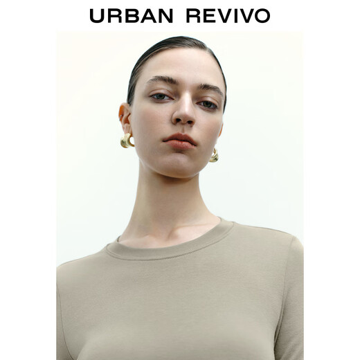 UR new autumn women's clothing simple basic versatile round neck slim long-sleeved T-shirt UWB440043 green khaki M